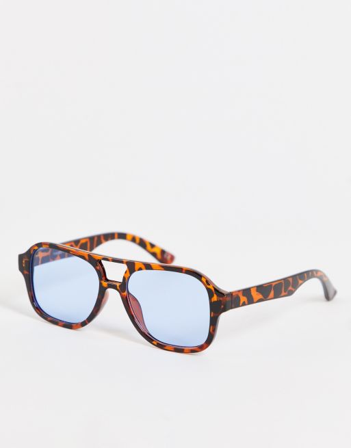 Asos Design Navigator Sunglasses With Blue Lens In Brown Tortoiseshell Asos 