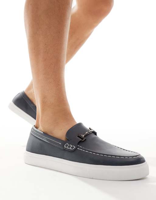 ASOS DESIGN navy faux suede loafers with snaffle and white sole ASOS