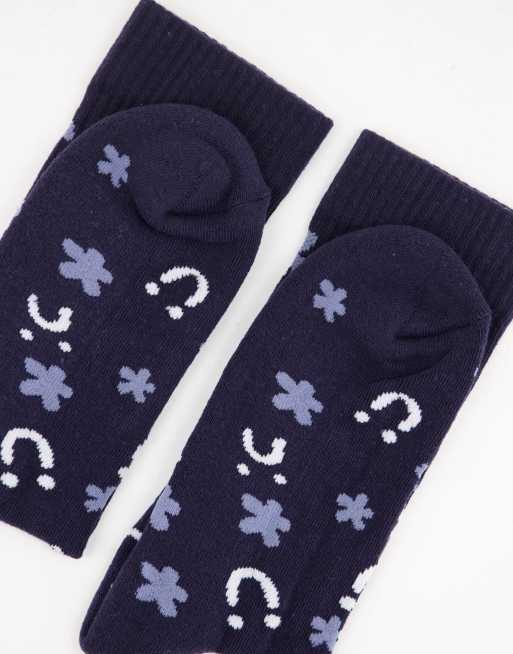 ASOS DESIGN navy sports socks with floral and happy face design, 3 of 4