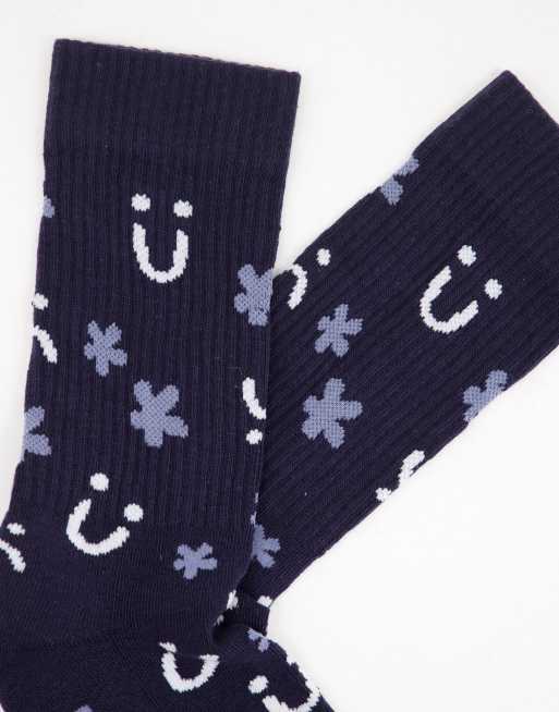 ASOS DESIGN navy sports socks with floral and happy face design, 4 of 4