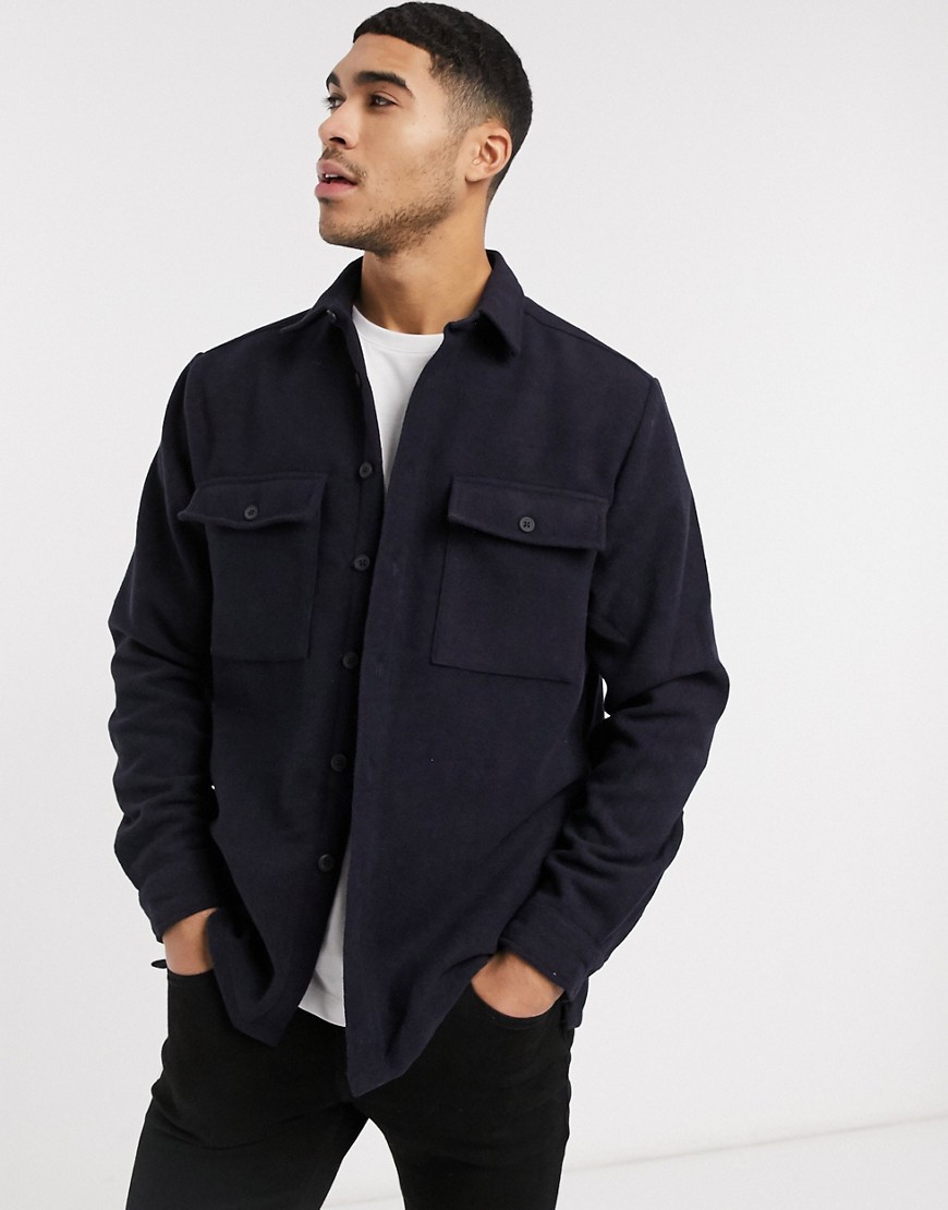 ASOS DESIGN navy wool mix overshirt with double pockets