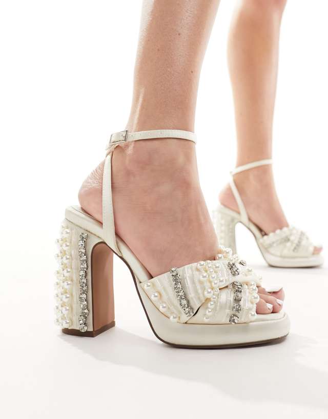 ASOS DESIGN - nearlywed embellished platform high block heeled sandals in ivory