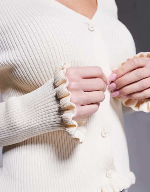 ASOS DESIGN neat fit cardigan with frilled hems in ecru
