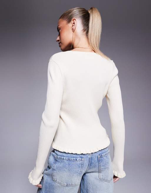 ASOS DESIGN neat fit cardigan with frilled hems in ecru