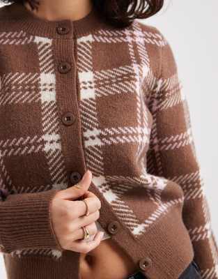 Asos Design Neat Fit Check Cardigan In Brown
