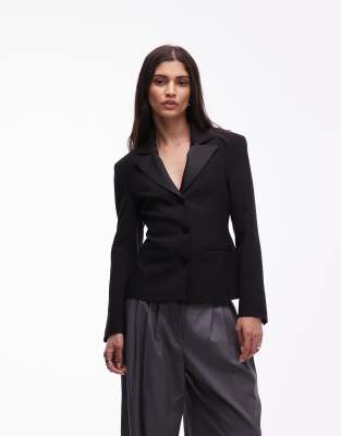 Asos Design Neat Fit Contrast Lapel Blazer In Black
