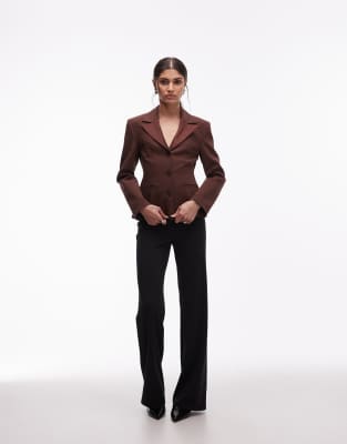 Asos Design Neat Fit Contrast Lapel Blazer In Brown