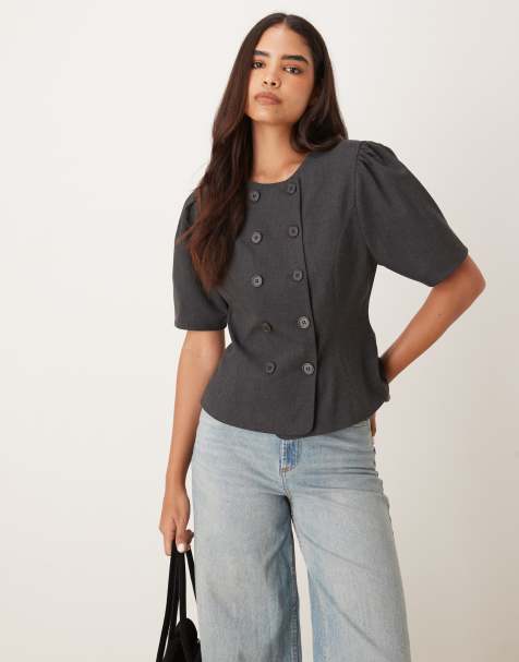 ASOS DESIGN neat fit double breasted blazer in charcoal - view 1