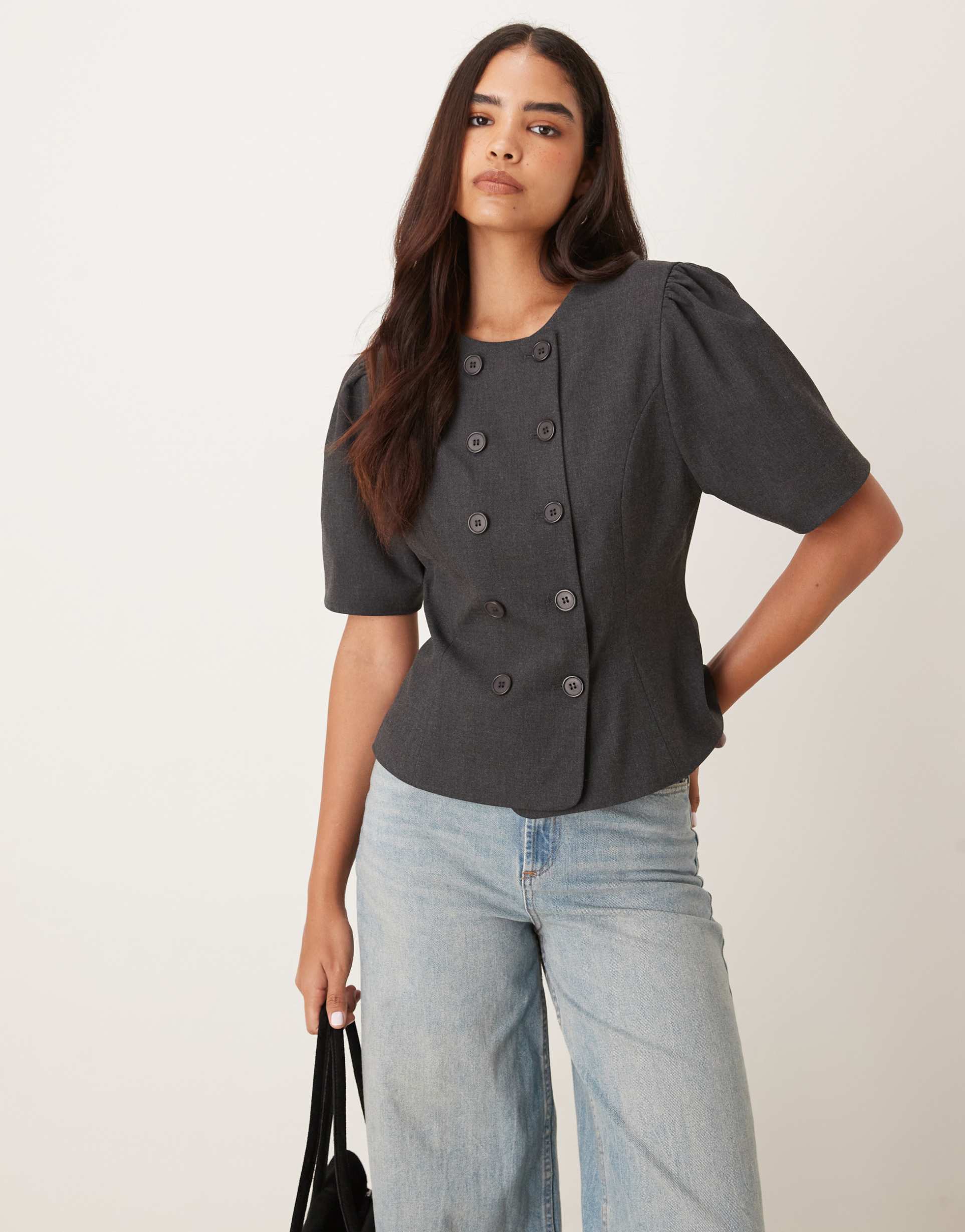 asos design neat fit double breasted blazer in charcoal