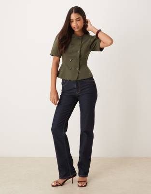 Asos Design Neat Fit Double Breasted Blazer In Green