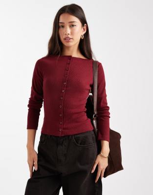Asos Design Neat Fit Mini Rib Button Through Top In Red