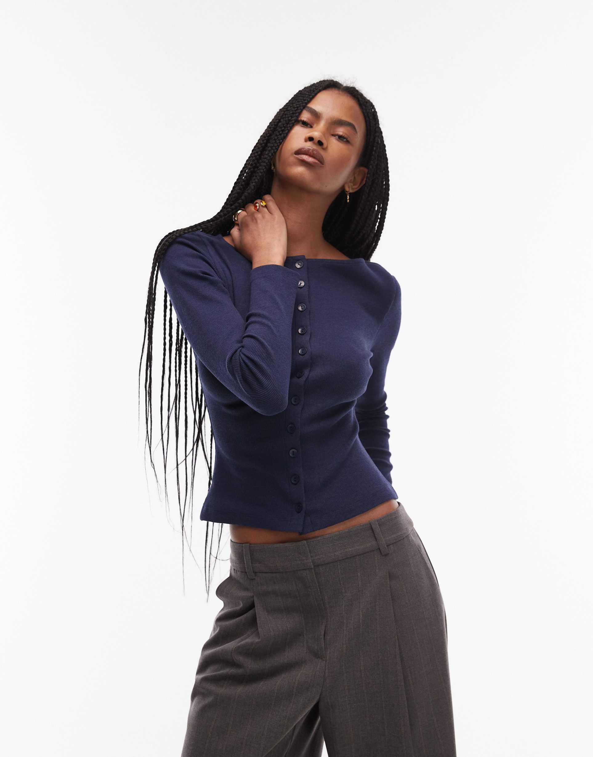 asos design neat fit mini rib button through top in navy