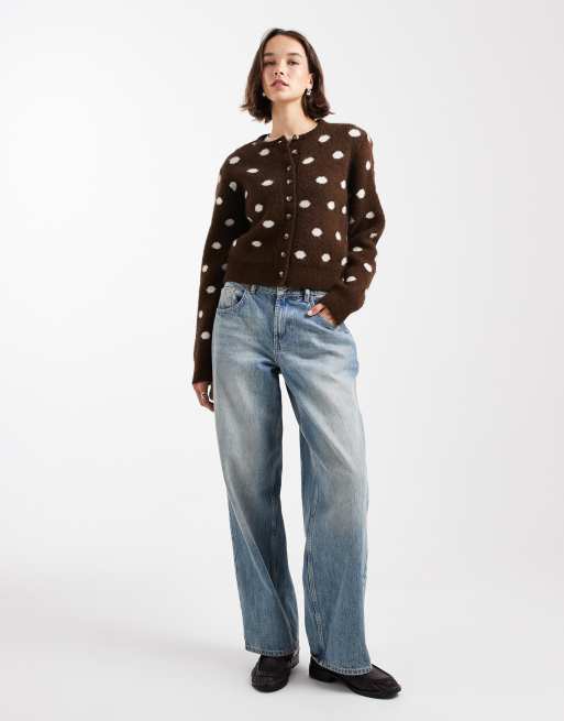 ASOS DESIGN neat fit polka dot cardigan in brown, 2 of 4