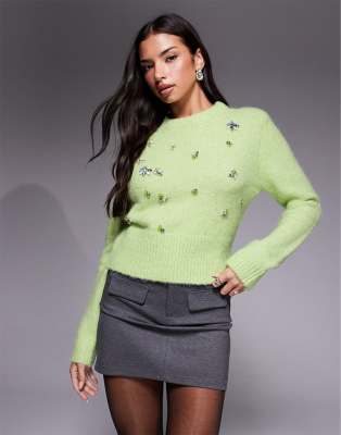 ASOS DESIGN - Neat-Fit-Pullover in Grün mit Blumenverzierung