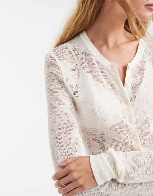 ASOS DESIGN neat fit sheer lace cardigan in white, 2 of 4