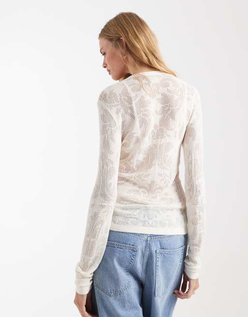 ASOS DESIGN neat fit sheer lace cardigan in white, 4 of 4