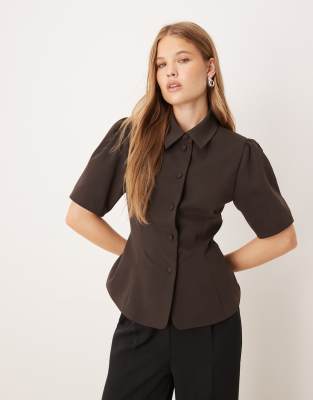 Asos Design Neat Fit Short Sleeve Blazer In Brown