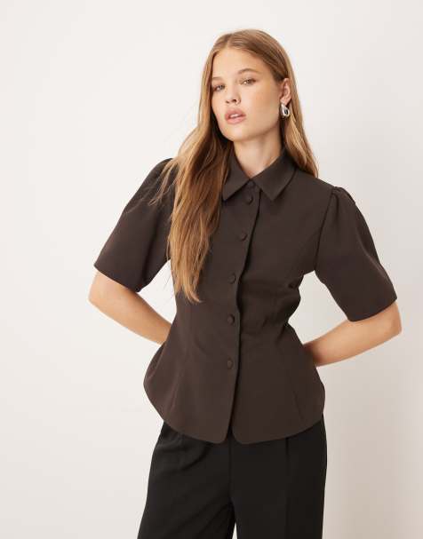 ASOS DESIGN neat fit short sleeve blazer in brown - view 1