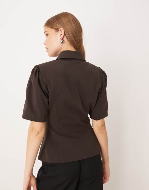 ASOS DESIGN neat fit short sleeve blazer in brown