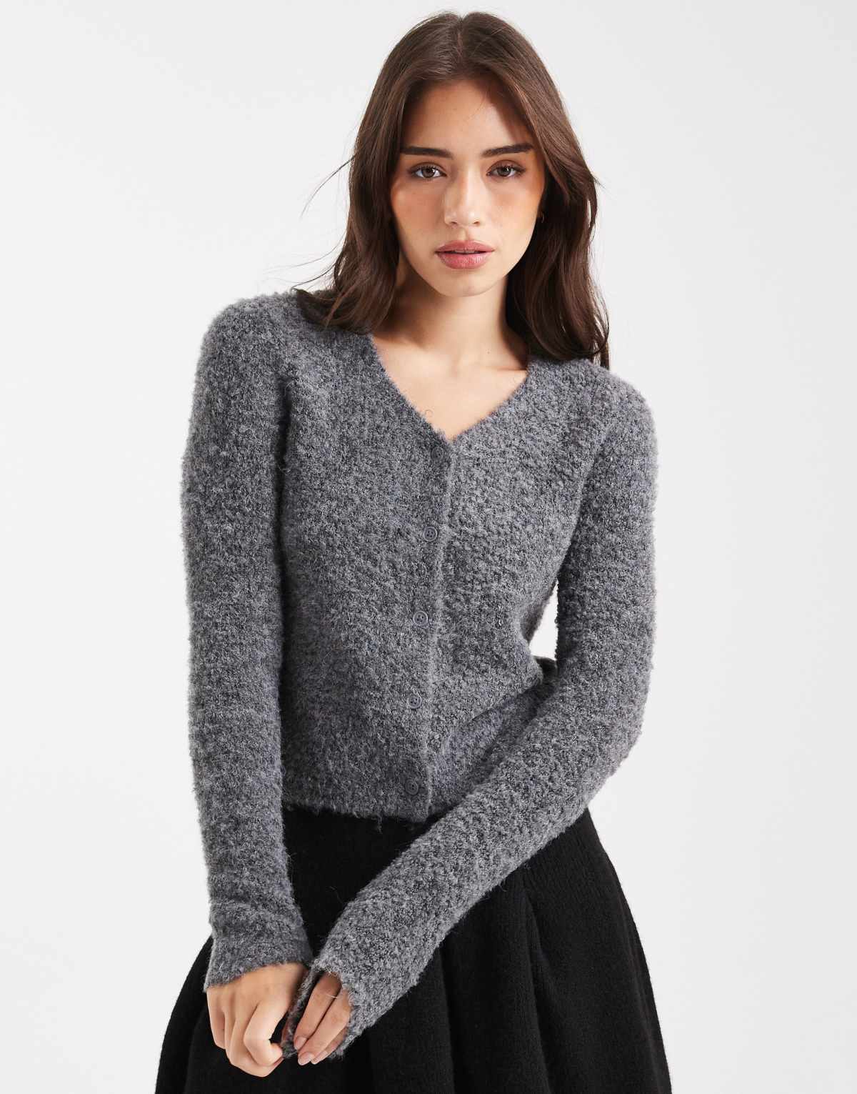 ASOS DESIGN neat fit v neck boucle cardigan in charcoal