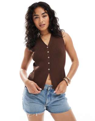 ASOS DESIGN neat fit vest with split front in brown