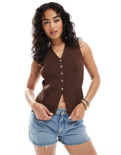 ASOS DESIGN neat fit waistcoat with split front in brown - view 1