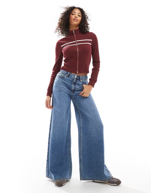 ASOS DESIGN neat fit zip up top with contrast stripe detail in