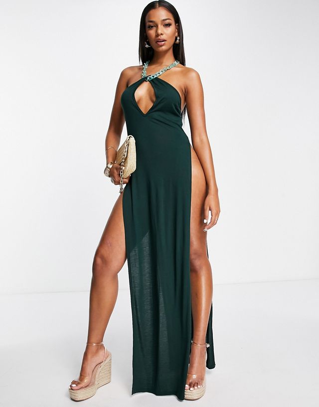 ASOS DESIGN neck chain detail maxi beach dress with high slits in green