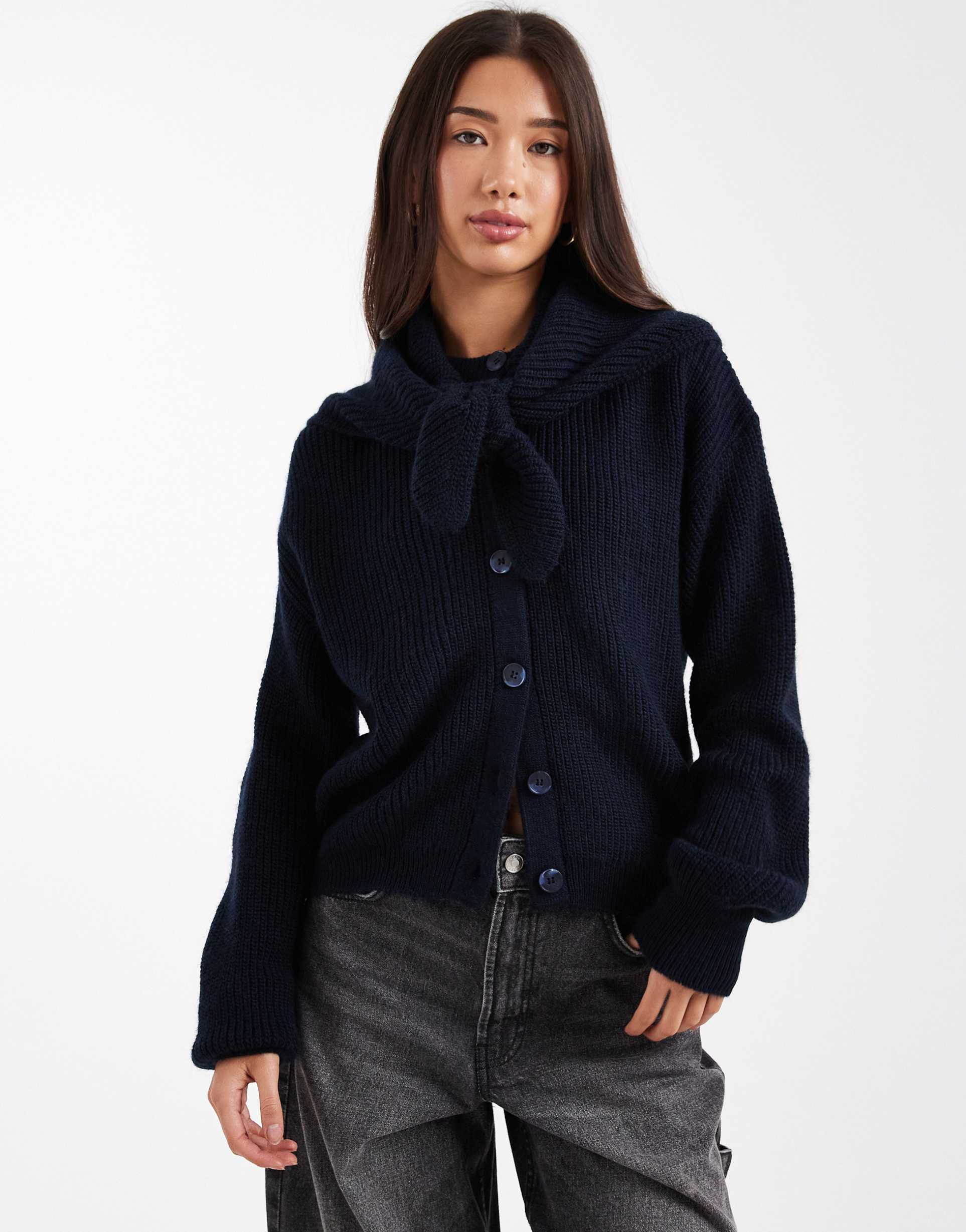 asos design neck tie cardigan in navy