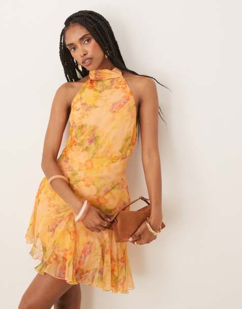 ASOS DESIGN neck tie godet hem chiffon mini dress in orange floral print - view 1
