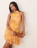 [ASOS DESIGN] ASOS DESIGN neck tie godet hem chiffon mini dress in orange floral print 12 Orange floral print