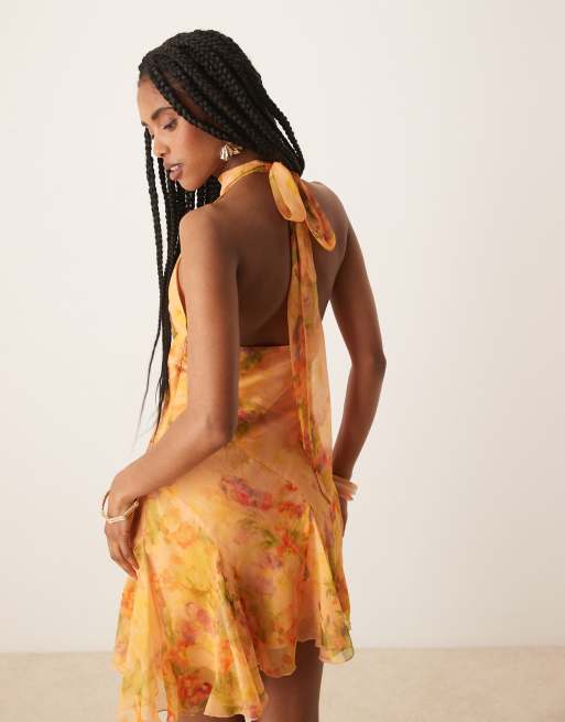 ASOS DESIGN neck tie godet hem chiffon mini dress in orange floral print