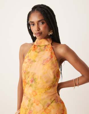 ASOS DESIGN neck tie godet hem chiffon mini dress in orange floral print