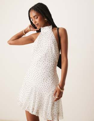 ASOS DESIGN neck tie godet hem chifon mini dress in spot print