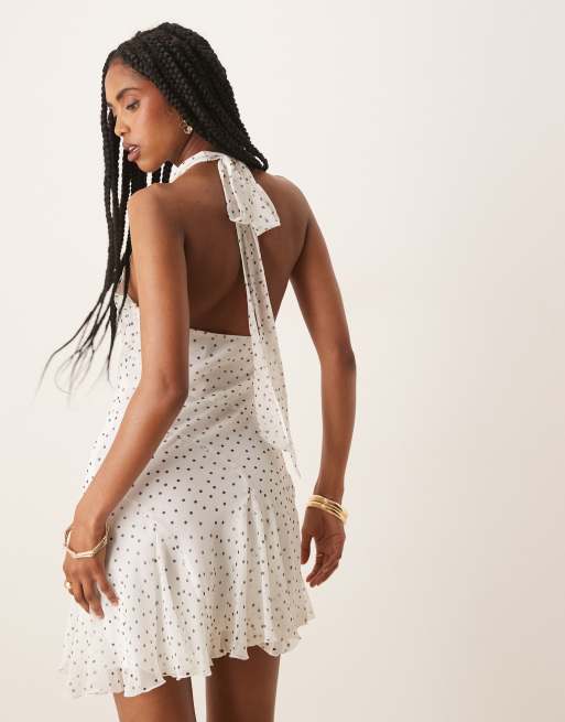 ASOS DESIGN neck tie godet hem chifon mini dress in spot print, 3 of 4