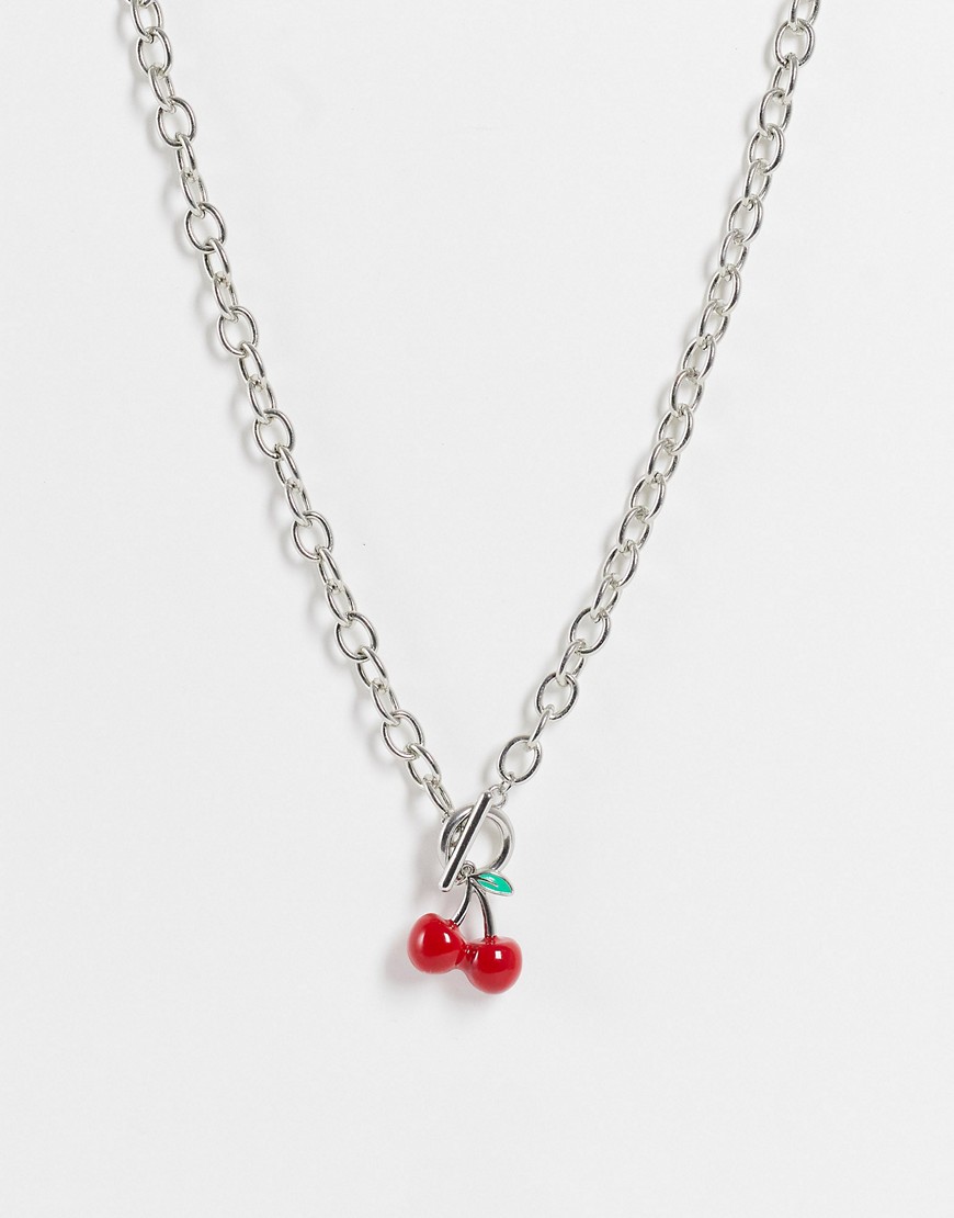 ASOS DESIGN neckchain with 90s cherry pendant and t-bar detail in silver tone