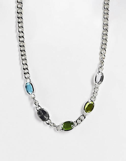 ASOS DESIGN neckchain with colourful gems in silver tone