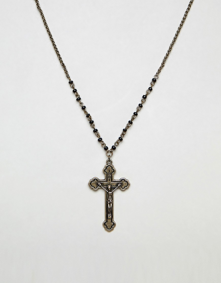 ASOS DESIGN neckchain with cross pendant and beads in burnished gold tone
