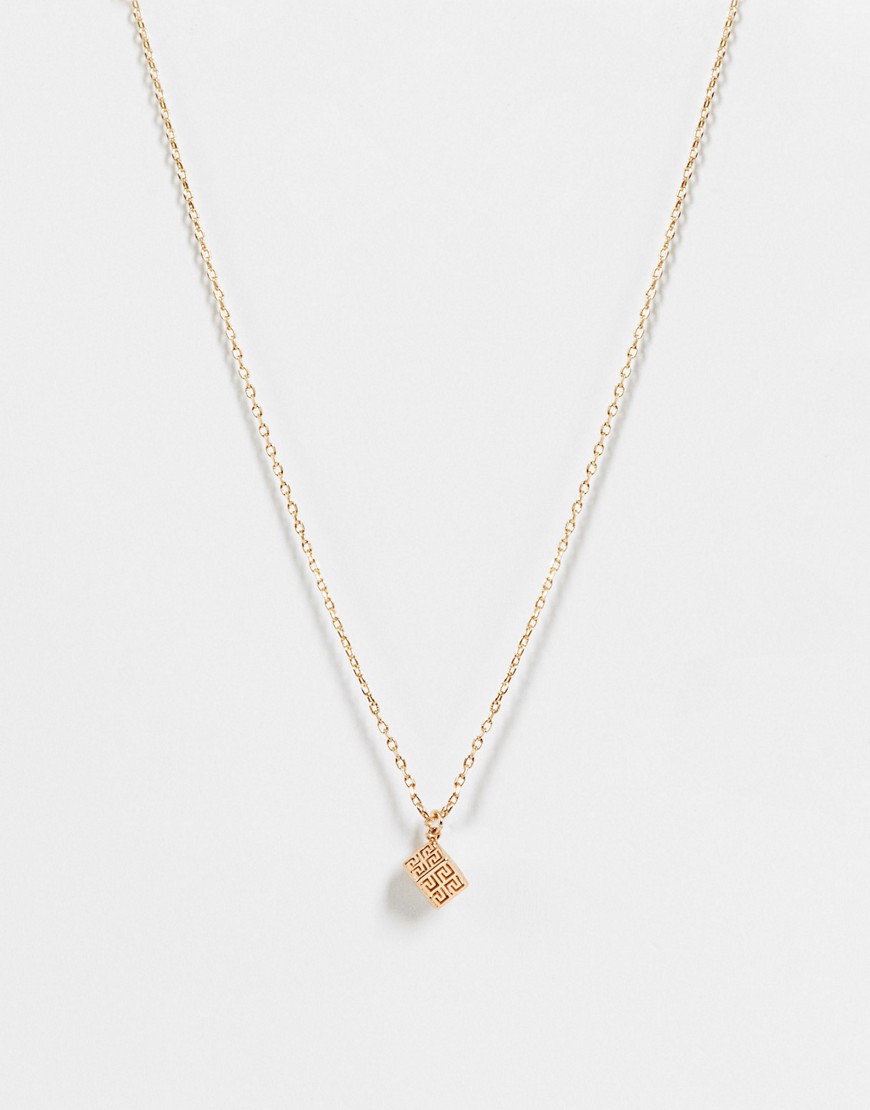 ASOS DESIGN neckchain with greek wave cube pendant in gold tone