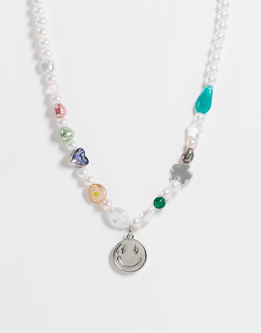 ASOS DESIGN neckchain with pearl and joyful beads with smile pendant in multicolor-Silver