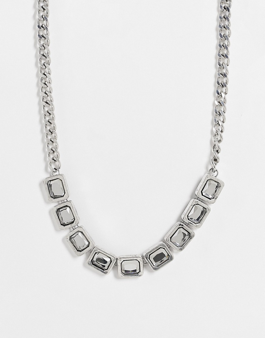 ASOS DESIGN neckchain with square jewels in burnished silver-Multi