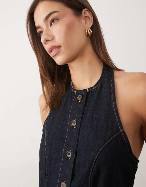 ASOS DESIGN – Neckholder-Jeansoberteil in verwaschenem Mittelblau, Kombiteil, 2 von 4