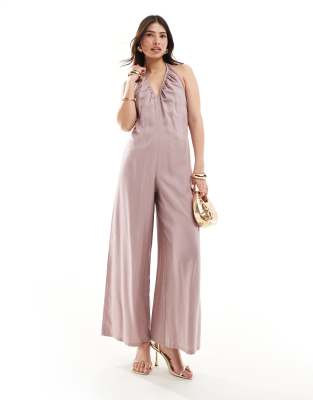 ASOS Design - Neckholder-Jumpsuit in Mauve mit tiefem V-Ausschnitt-Lila