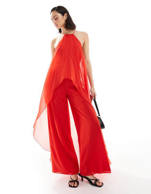 ASOS DESIGN - Neckholder-Jumpsuit in Rot mit Overlay-Design