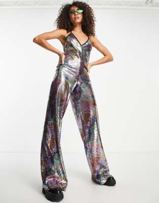 ASOS DESIGN - Neckholder-Jumpsuit mit tiefem Ausschnitt und weitem Bein und Pailletten-Mustermix-Bunt