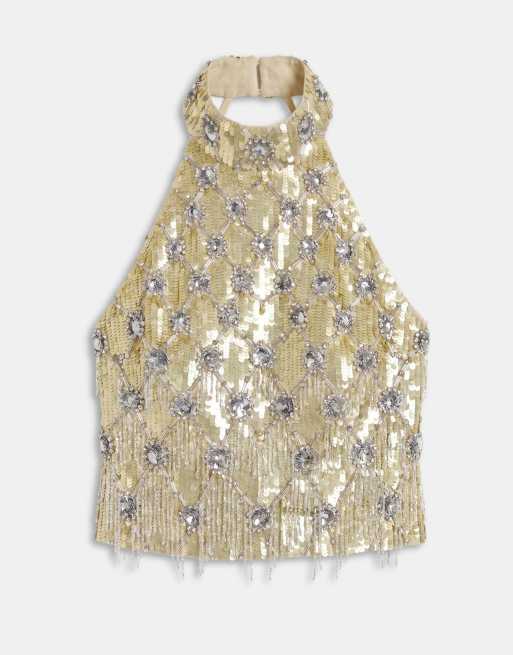 ASOS DESIGN Neckholder-Kombi-Oberteil mit Fransen und Pailletten in Gold, 5 von 8