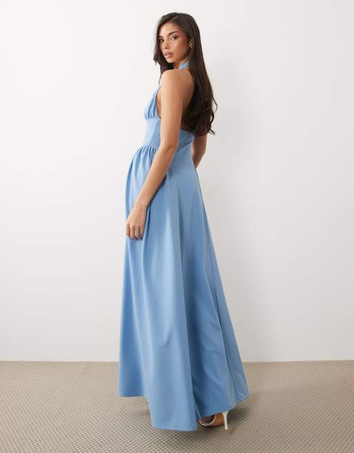 ASOS DESIGN – Neckholder-Maxikleid aus Krepp in Babyblau mit seitlicher Raffung, 3 von 4