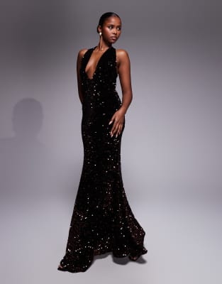 ASOS DESIGN - Neckholder-Maxikleid aus Samt in Schwarz mit tiefem Ausschnitt und bronzefarbenen Pailletten