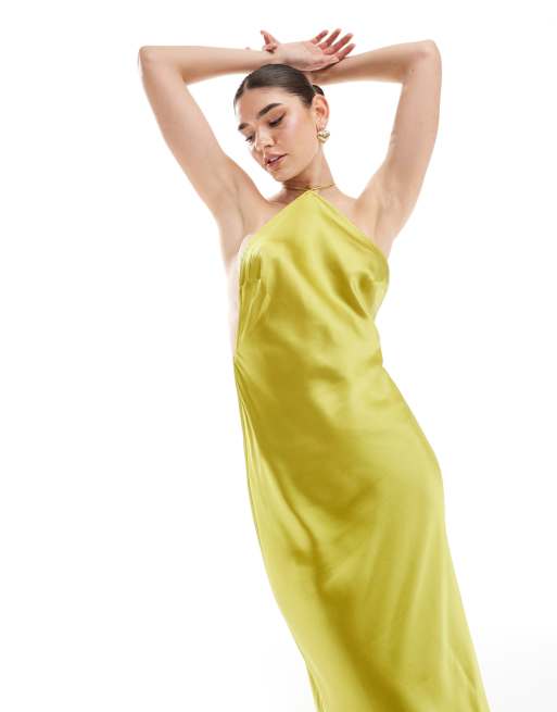 FhyzicsShops DESIGN – Neckholder-Maxikleid aus Satin in Chartreuse mit Rückendetail