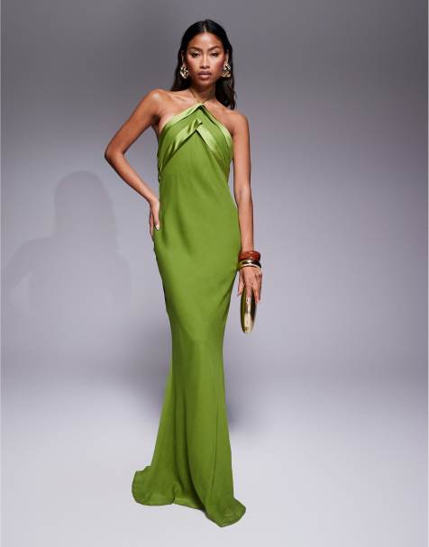 ASOS DESIGN – Neckholder-Maxikleid aus Satin in Grün mit Bahnen-Design - view 1